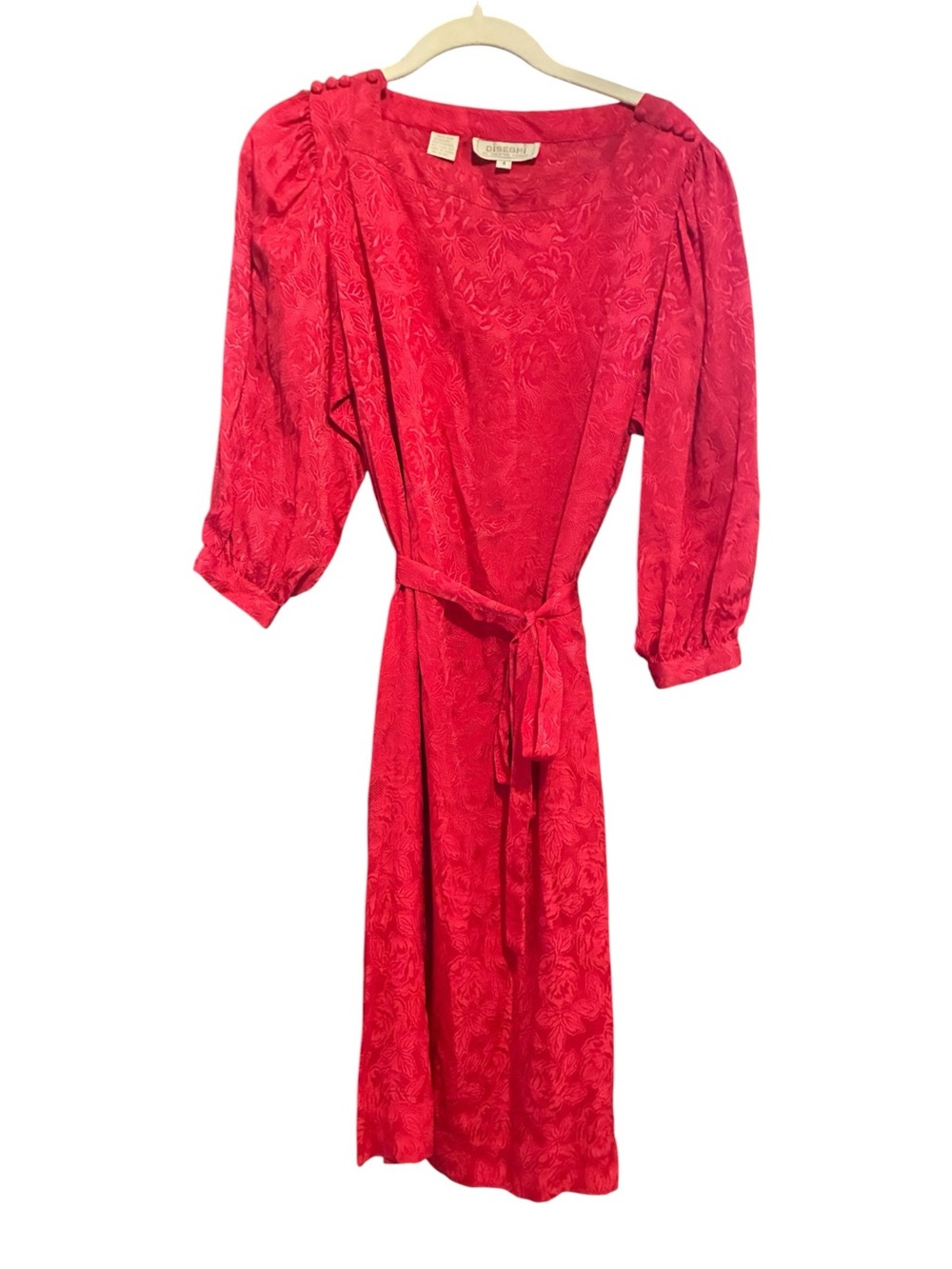 VTG 80s Disegni 100% Silk Red Floral Jacquard Midi Dress Puff Sleeve Belted 8 - Picture 2 of 11